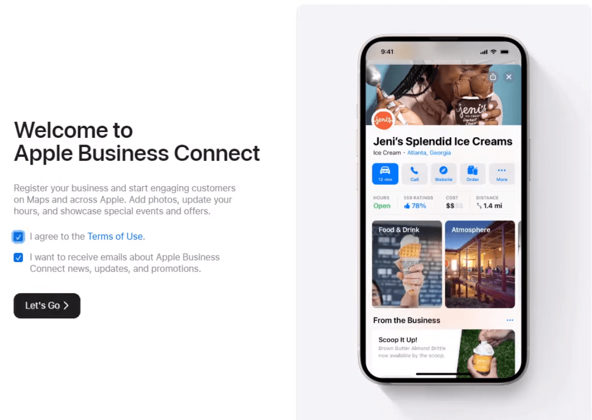 Strona powitalna Apple Business Connect

